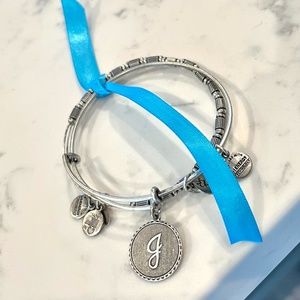 ALEX AND ANI Rafaelian silver bangle duo with personalized letter "J" charm
